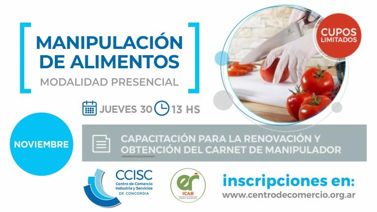 Próxima capacitación en Manipulación de Alimentos: jueves 30 de noviembre