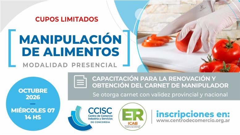 Nueva fecha de Manipulación de Alimentos: miércoles 7 de octubre
